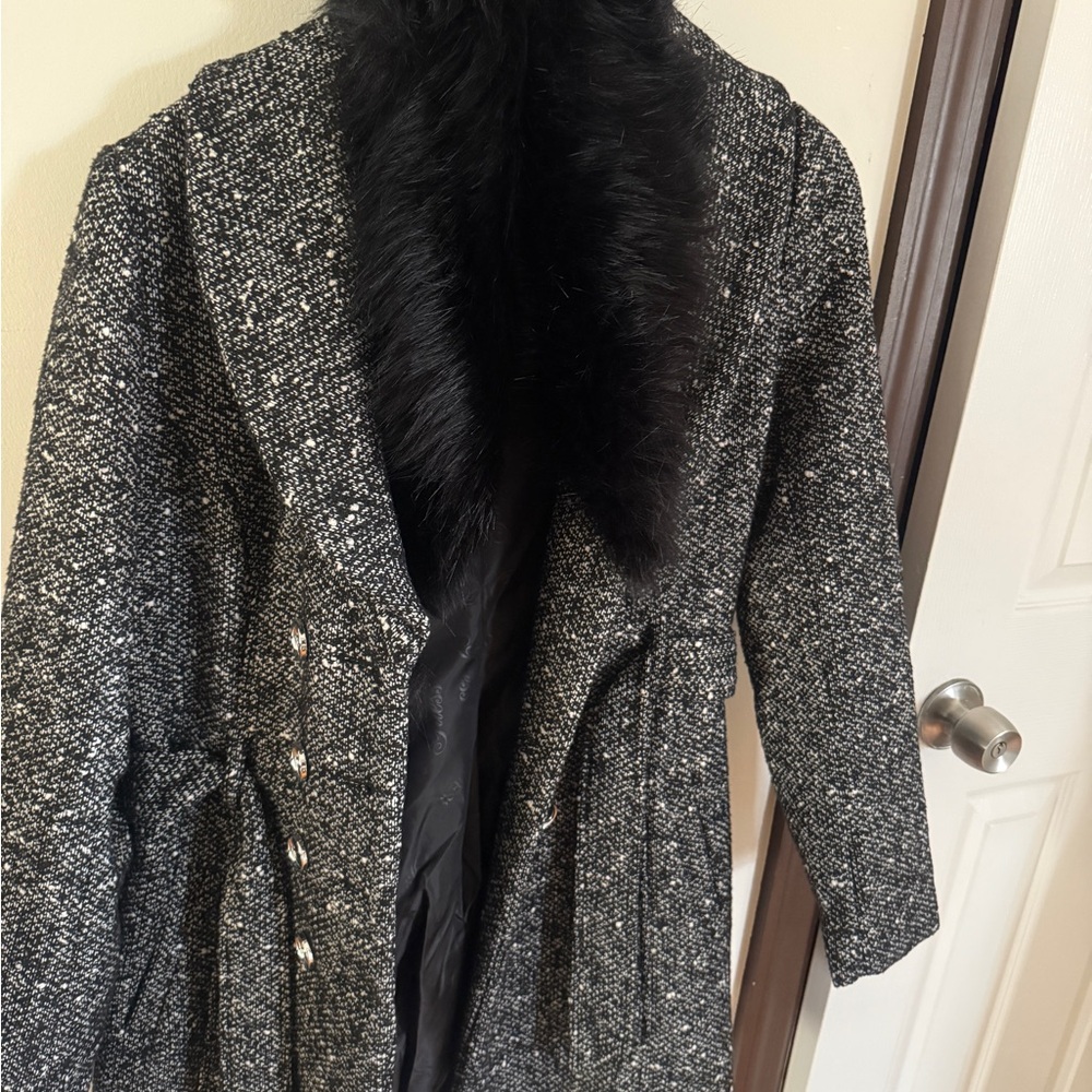 Guess Fur Tweed Belted Peacoat